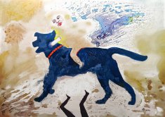 "Uje&#380;d&#380;aj&#261;c niebieskiego psa" 30x42 cm, papier syntetyczny, akwarela, tusz, akryl